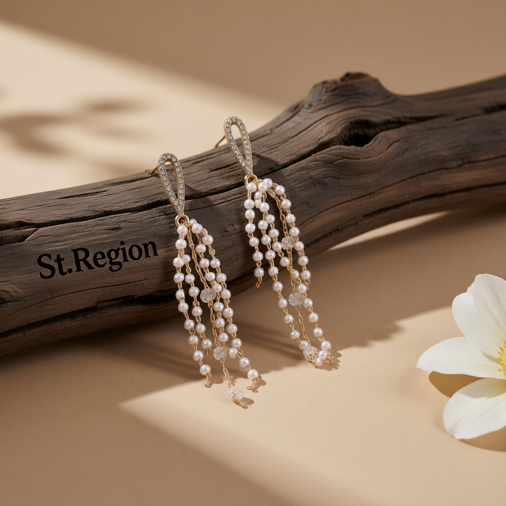 Pearl and Cubic Zirconia Acrylic 18K Gold-Plated Tassel Drop Earrings, gold drop earrings for women, front view