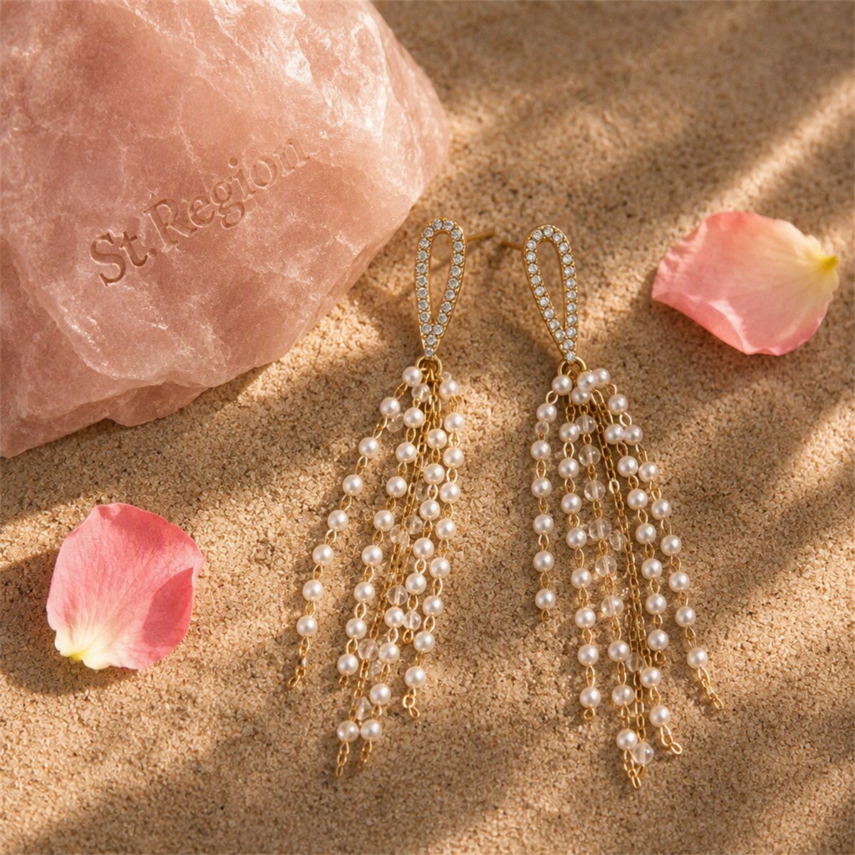 Pearl and Cubic Zirconia Acrylic 18K Gold-Plated Tassel Drop Earrings, gold drop earrings for women, detail close-up