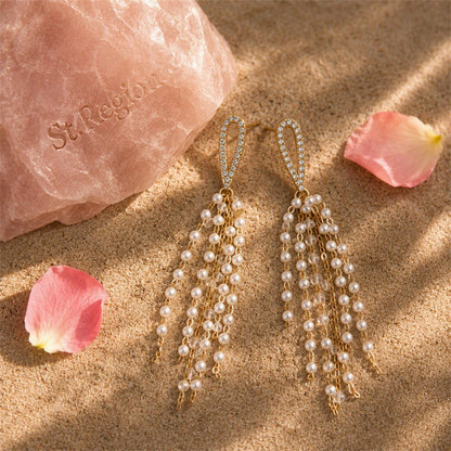 Pearl and Cubic Zirconia Acrylic 18K Gold-Plated Tassel Drop Earrings, gold drop earrings for women, detail close-up