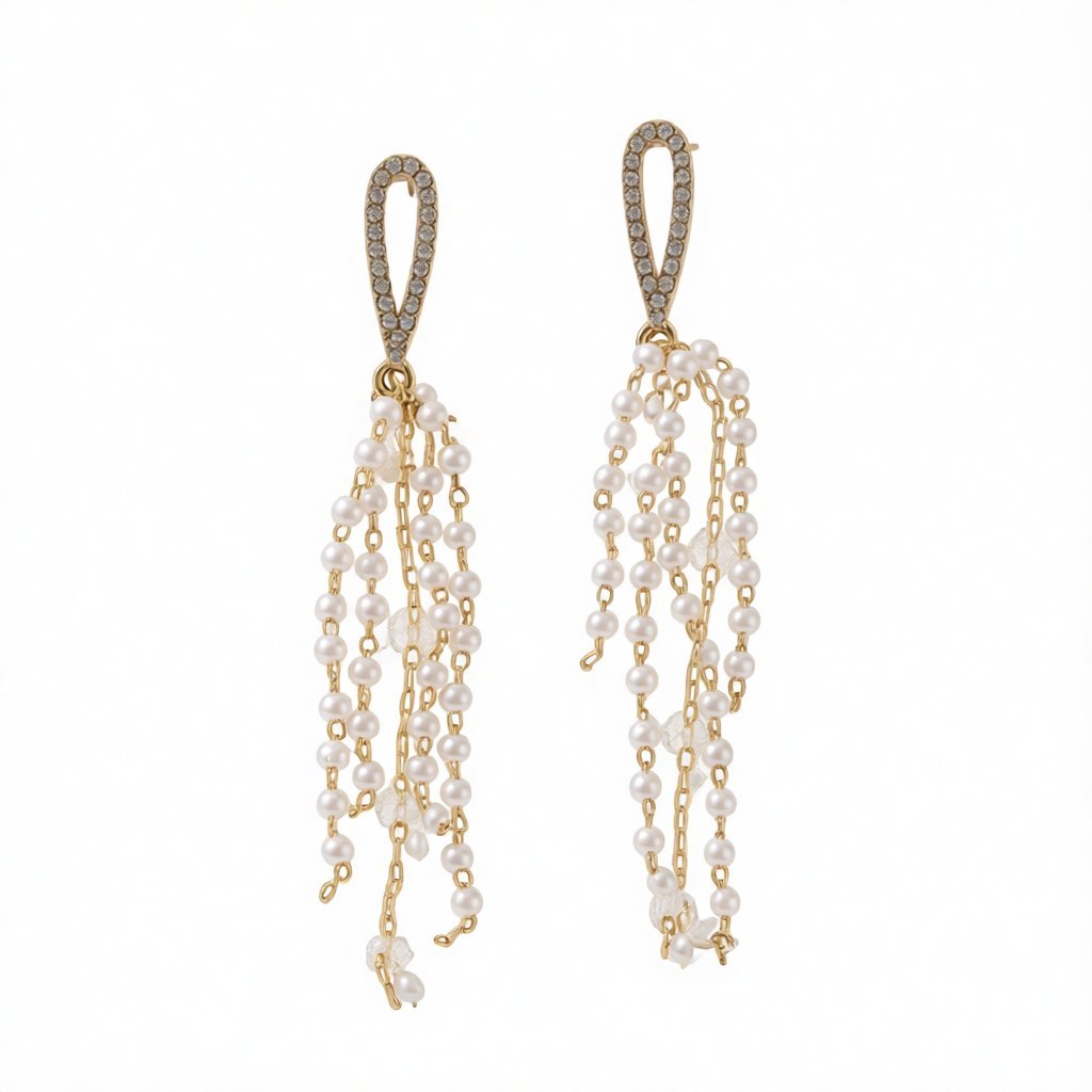 Pearl and Cubic Zirconia Acrylic 18K Gold-Plated Tassel Drop Earrings, gold drop earrings for women, side view