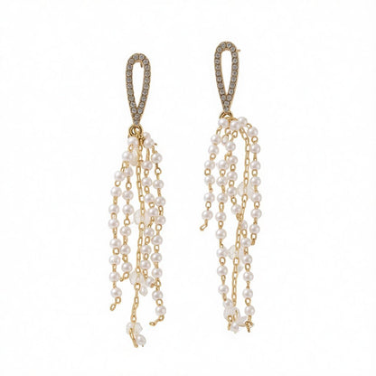Pearl and Cubic Zirconia Acrylic 18K Gold-Plated Tassel Drop Earrings, gold drop earrings for women, side view