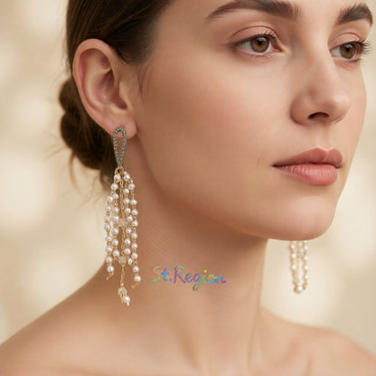 Pearl and Cubic Zirconia Acrylic 18K Gold-Plated Tassel Drop Earrings, gold drop earrings for women, styled look