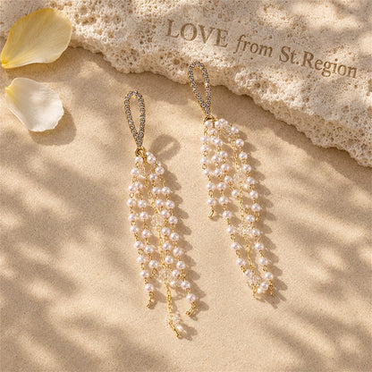 Pearl and Cubic Zirconia Acrylic 18K Gold-Plated Tassel Drop Earrings, gold drop earrings for women, lifestyle look