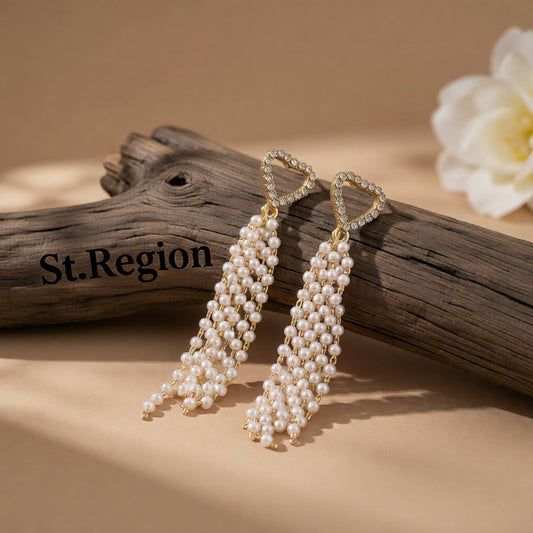 Cubic Zirconia & Pearl 18K Gold-Plated Heart Tassel Drop Earrings