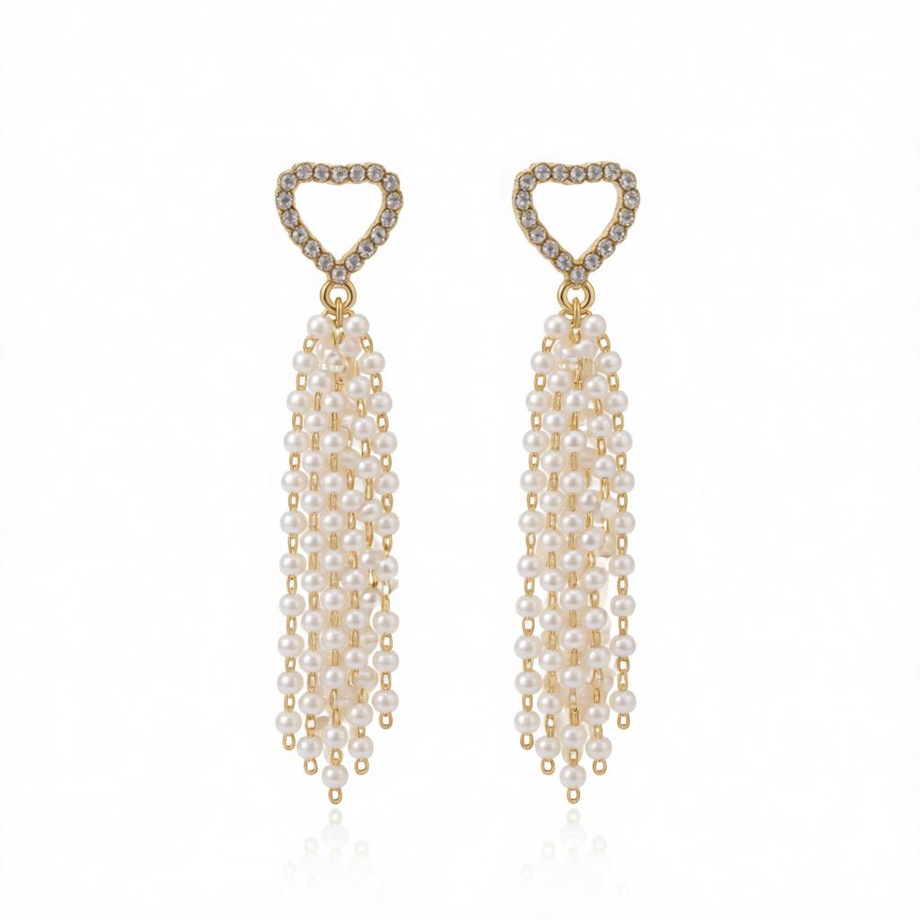 Cubic Zirconia & Pearl 18K Gold-Plated Heart Tassel Drop Earrings