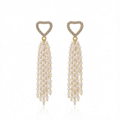 Cubic Zirconia & Pearl 18K Gold-Plated Heart Tassel Drop Earrings