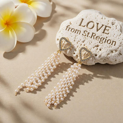 Cubic Zirconia & Pearl 18K Gold-Plated Heart Tassel Drop Earrings