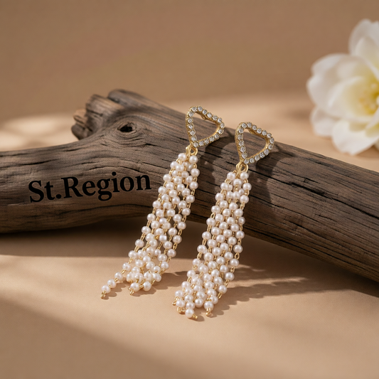 Cubic Zirconia & Pearl 18K Gold-Plated Heart Tassel Drop Earrings