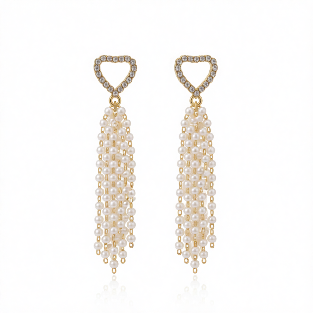 Cubic Zirconia & Pearl 18K Gold-Plated Heart Tassel Drop Earrings