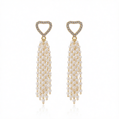 Cubic Zirconia & Pearl 18K Gold-Plated Heart Tassel Drop Earrings