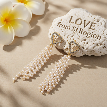 Cubic Zirconia & Pearl 18K Gold-Plated Heart Tassel Drop Earrings
