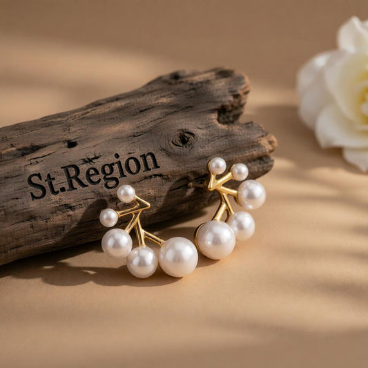 Pearl and 18K Gold-Plated Botanical Stud Earrings, cubic zirconia stud earrings for women, front view