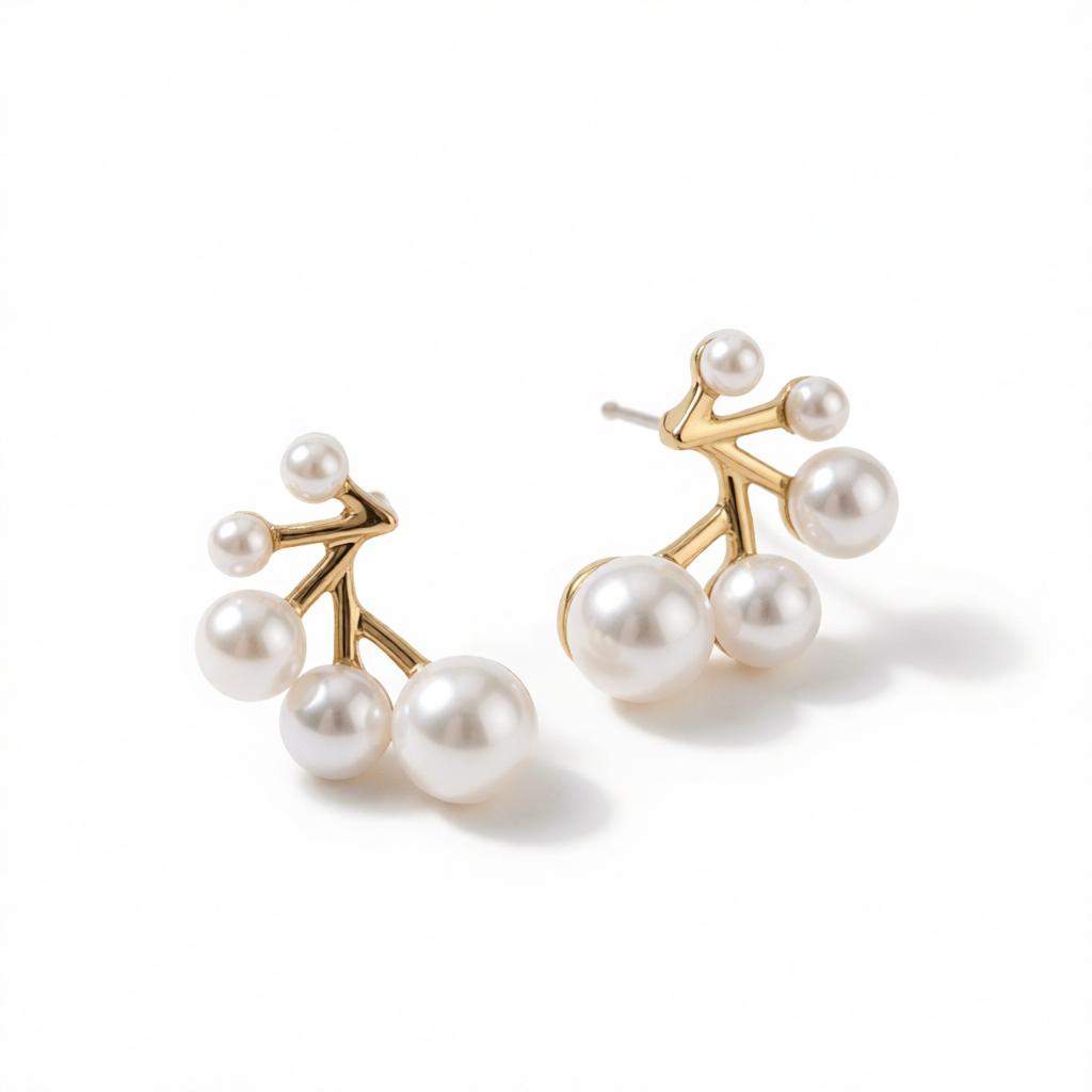 Pearl and 18K Gold-Plated Botanical Stud Earrings, cubic zirconia stud earrings for women, vintage-inspired design, side view