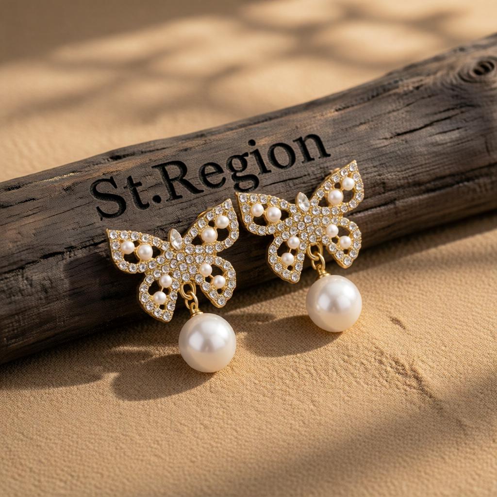 Pearl and Cubic Zirconia 18K Gold-Plated Butterfly Drop Earrings, gold drop earrings for women, everyday style, front view
