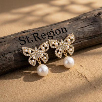 Pearl and Cubic Zirconia 18K Gold-Plated Butterfly Drop Earrings, gold drop earrings for women, everyday style, front view