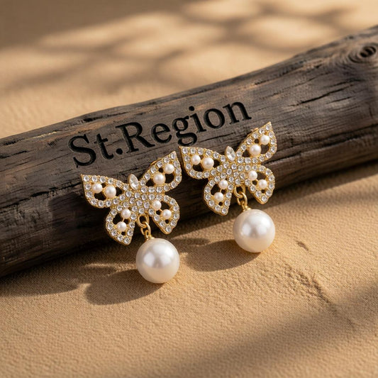 Pearl & Cubic Zirconia 18K Gold-Plated Butterfly Drop Earrings