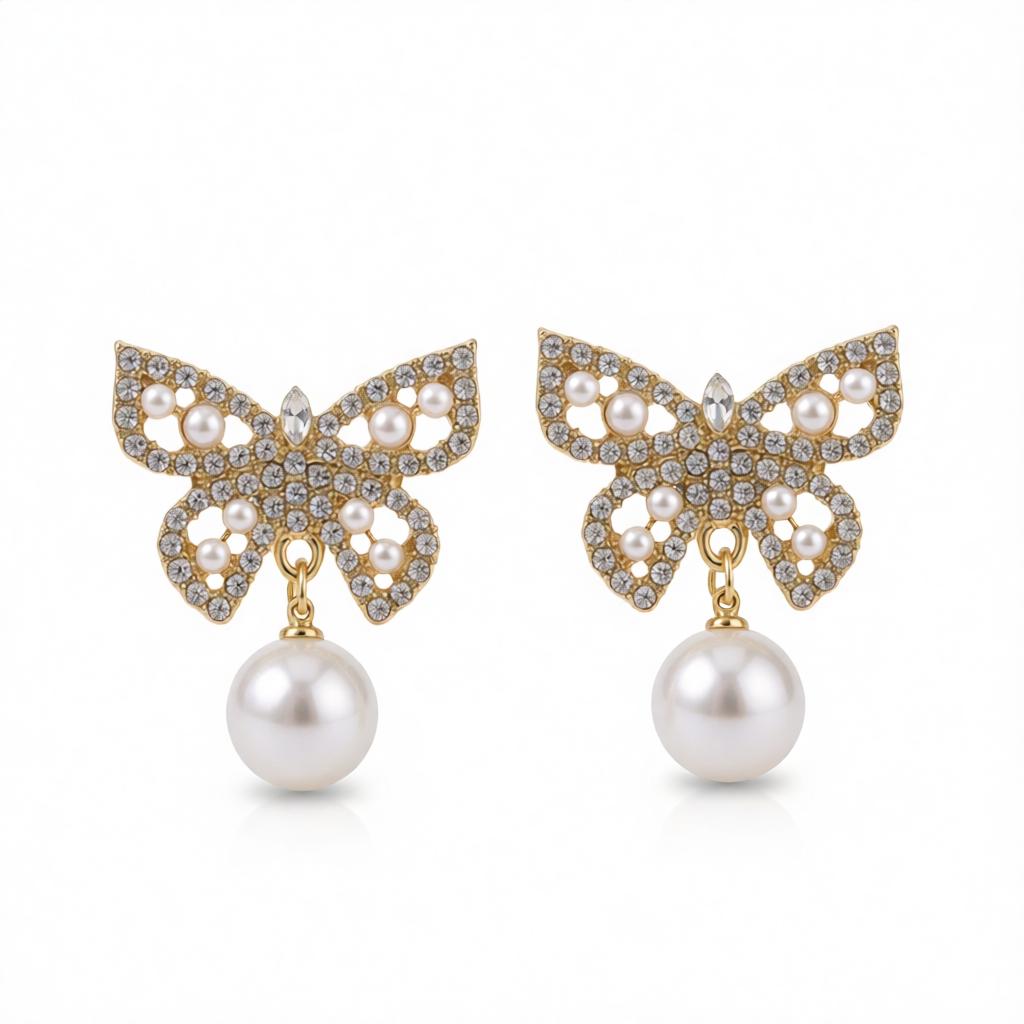 Pearl and Cubic Zirconia 18K Gold-Plated Butterfly Drop Earrings, gold drop earrings for women, everyday style, side view