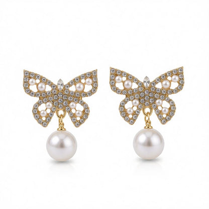 Pearl and Cubic Zirconia 18K Gold-Plated Butterfly Drop Earrings, gold drop earrings for women, everyday style, side view