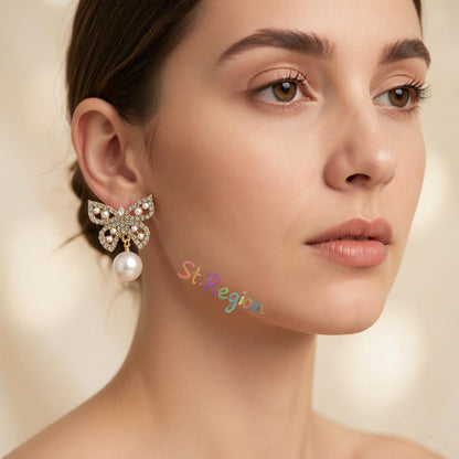 Pearl and Cubic Zirconia 18K Gold-Plated Butterfly Drop Earrings, gold drop earrings for women, everyday style, styled look