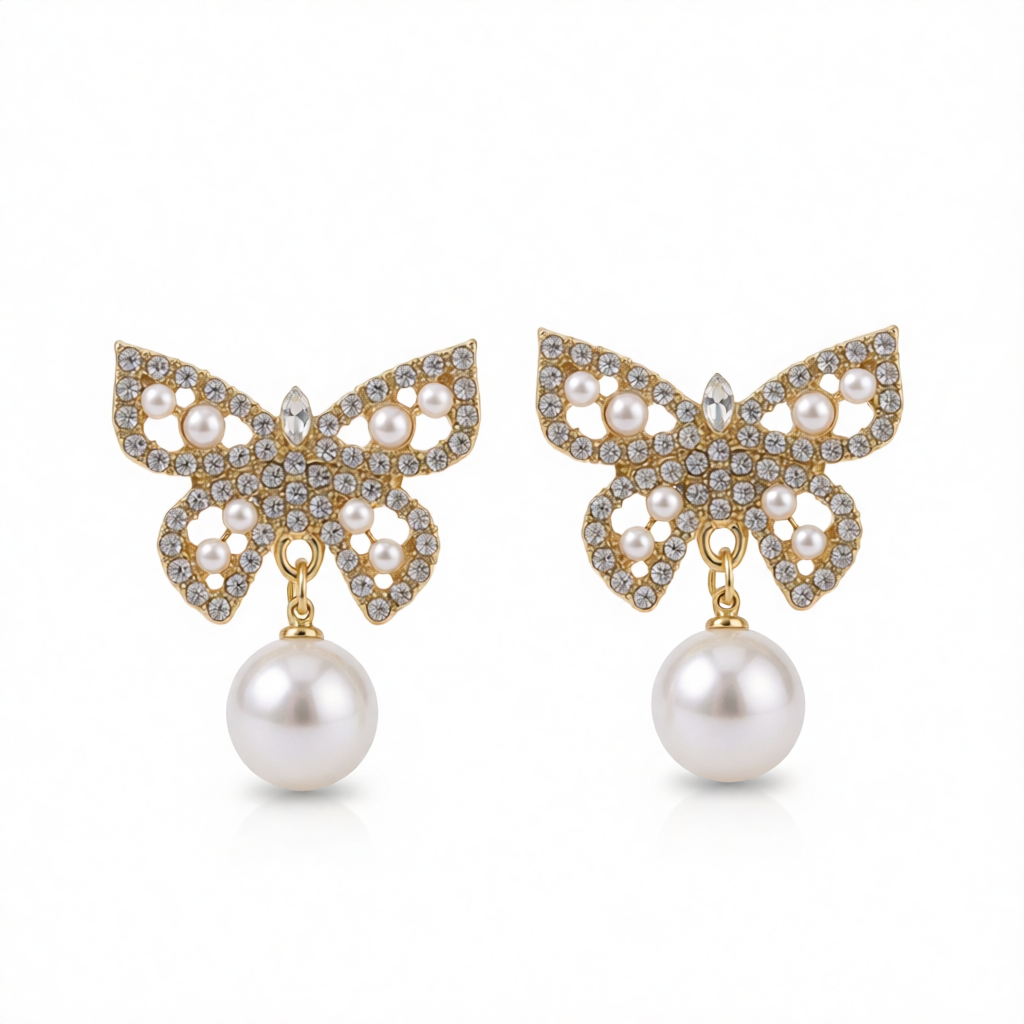 Pearl & Cubic Zirconia 18K Gold-Plated Butterfly Drop Earrings