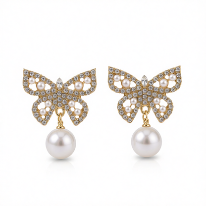 Pearl & Cubic Zirconia 18K Gold-Plated Butterfly Drop Earrings