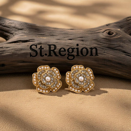 Cubic Zirconia and Pearl 18K Gold-Plated Flower Stud Earrings, cubic zirconia stud earrings for women, front view