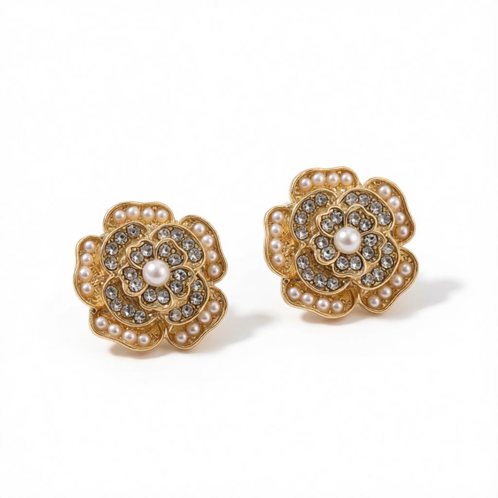 Cubic Zirconia and Pearl 18K Gold-Plated Flower Stud Earrings, cubic zirconia stud earrings for women, side view