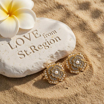 Cubic Zirconia and Pearl 18K Gold-Plated Flower Stud Earrings, cubic zirconia stud earrings for women, lifestyle look