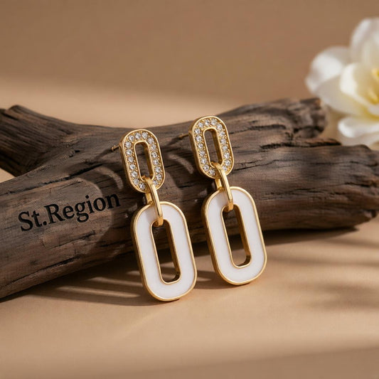 Cubic Zirconia and Enamel 18K Gold-Plated Oval-Link Drop Earrings, gold drop earrings for women, front view