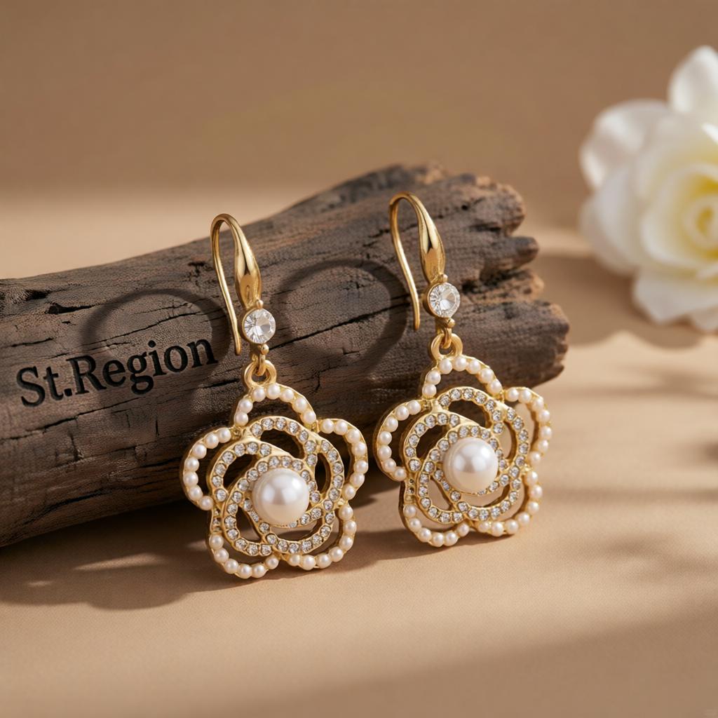 Pearl and Cubic Zirconia 18K Gold-Plated Camellia Drop Earrings, gold drop earrings for women, botanical inspired, front view