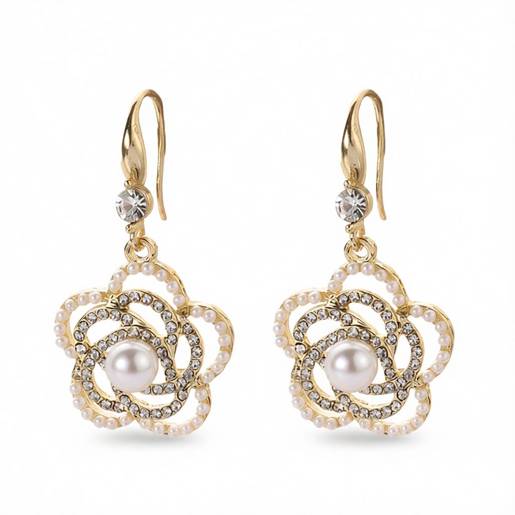 Pearl and Cubic Zirconia 18K Gold-Plated Camellia Drop Earrings, gold drop earrings for women, botanical inspired, side view