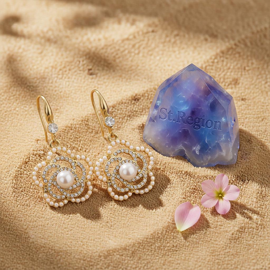 Pearl and Cubic Zirconia 18K Gold-Plated Camellia Drop Earrings, gold drop earrings for women, detail close-up