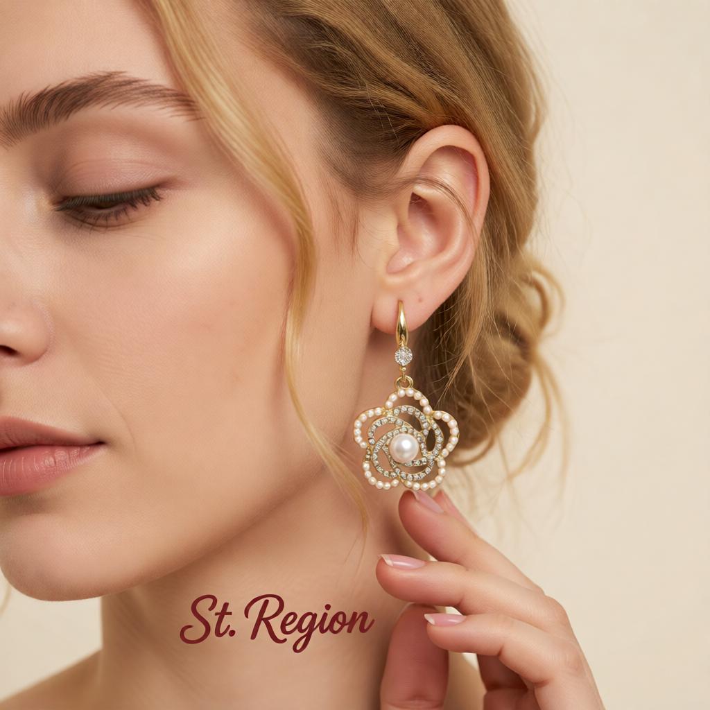 Pearl and Cubic Zirconia 18K Gold-Plated Camellia Drop Earrings, gold drop earrings for women, styled look