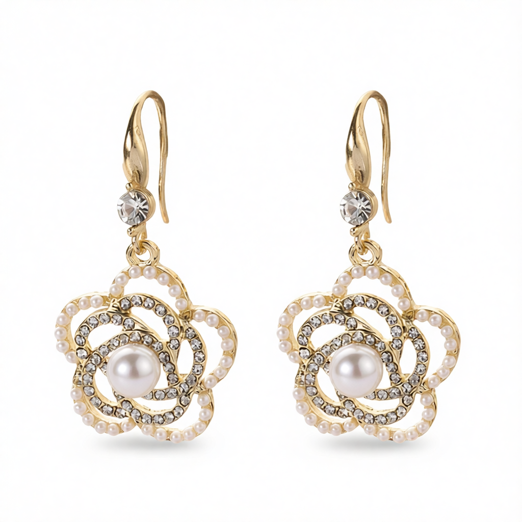 Pearl & Cubic Zirconia 18K Gold-Plated Camellia Drop Earrings