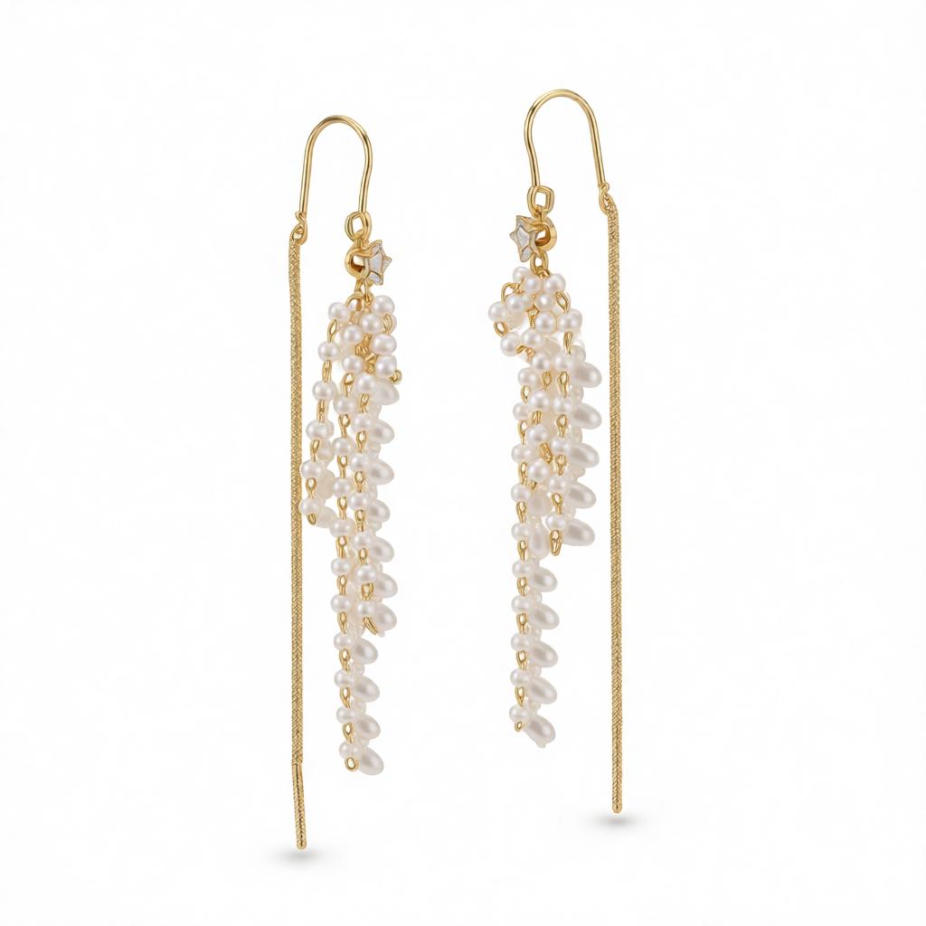 Pearl and Cubic Zirconia 18K Gold-Plated Threader Earrings, vintage-inspired design, side view