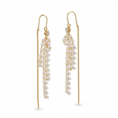 Pearl and Cubic Zirconia 18K Gold-Plated Threader Earrings, vintage-inspired design, side view