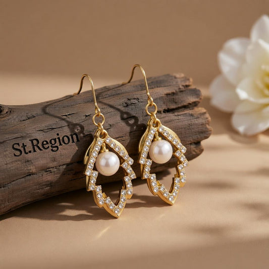 Pearl and Cubic Zirconia 18K Gold-Plated Stacked Leaves Drop Earrings, gold drop earrings for women, front view