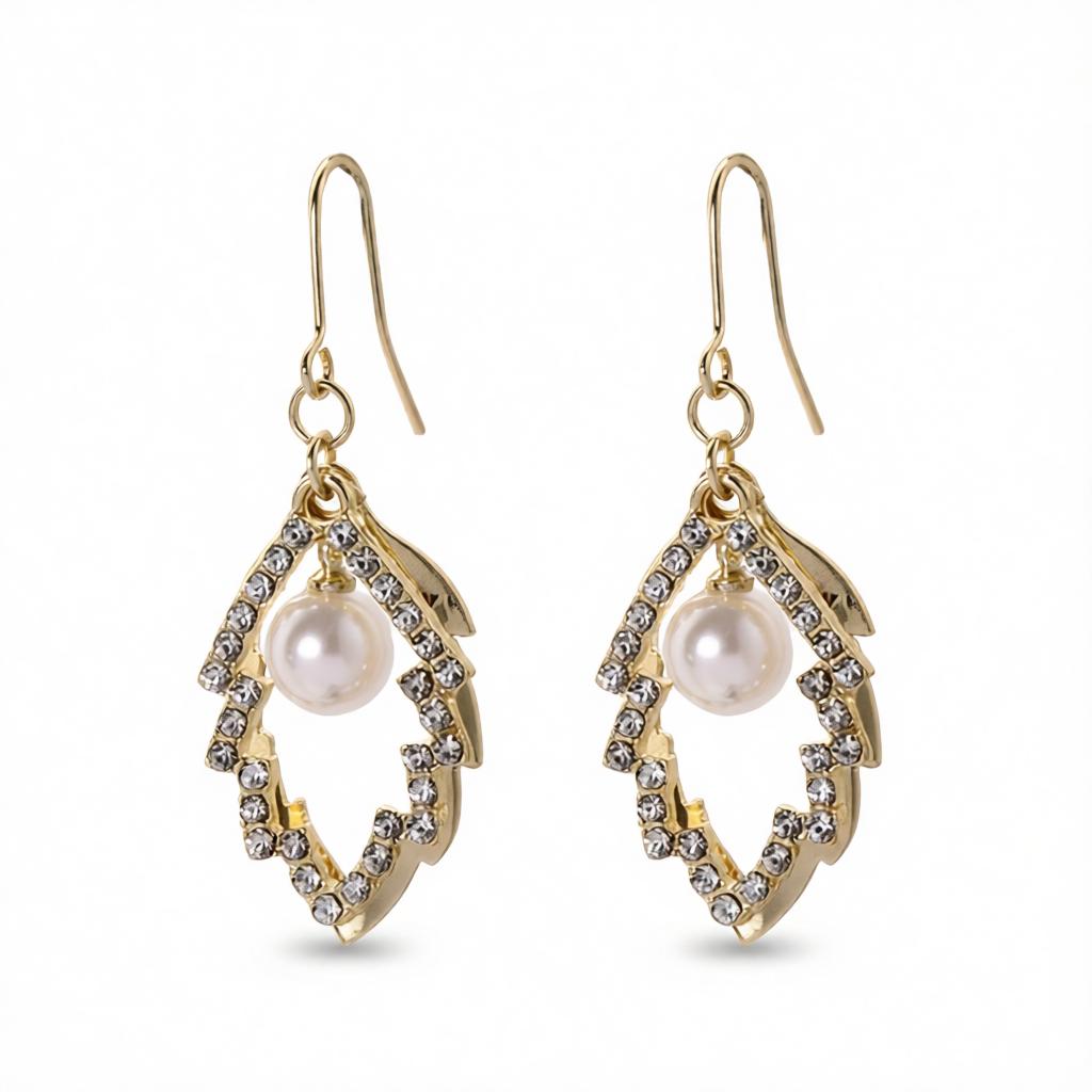 Pearl and Cubic Zirconia 18K Gold-Plated Stacked Leaves Drop Earrings, gold drop earrings for women, side view
