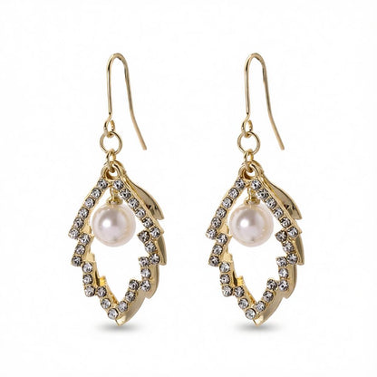 Pearl and Cubic Zirconia 18K Gold-Plated Stacked Leaves Drop Earrings, gold drop earrings for women, side view