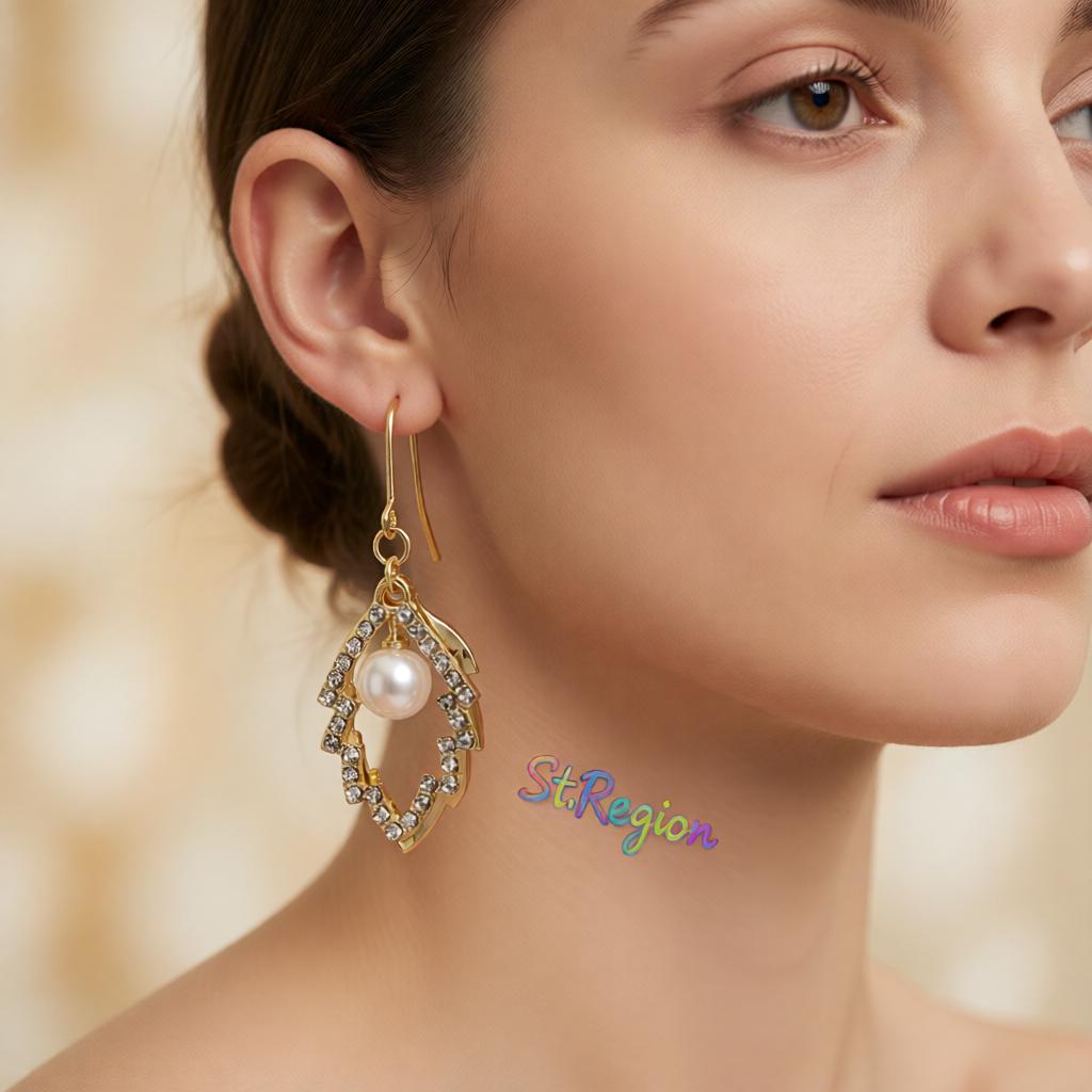 Pearl and Cubic Zirconia 18K Gold-Plated Stacked Leaves Drop Earrings, gold drop earrings for women, styled look