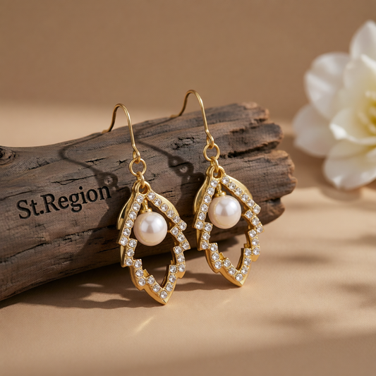 Pearl & Cubic Zirconia 18K Gold-Plated Stacked Leaves Drop Earrings