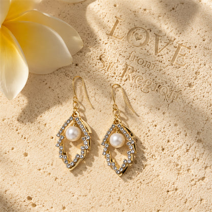 Pearl & Cubic Zirconia 18K Gold-Plated Stacked Leaves Drop Earrings