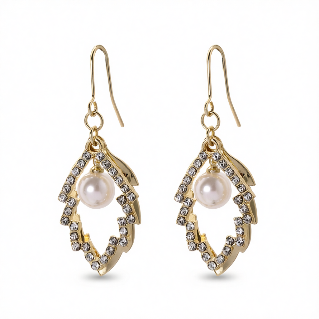 Pearl & Cubic Zirconia 18K Gold-Plated Stacked Leaves Drop Earrings
