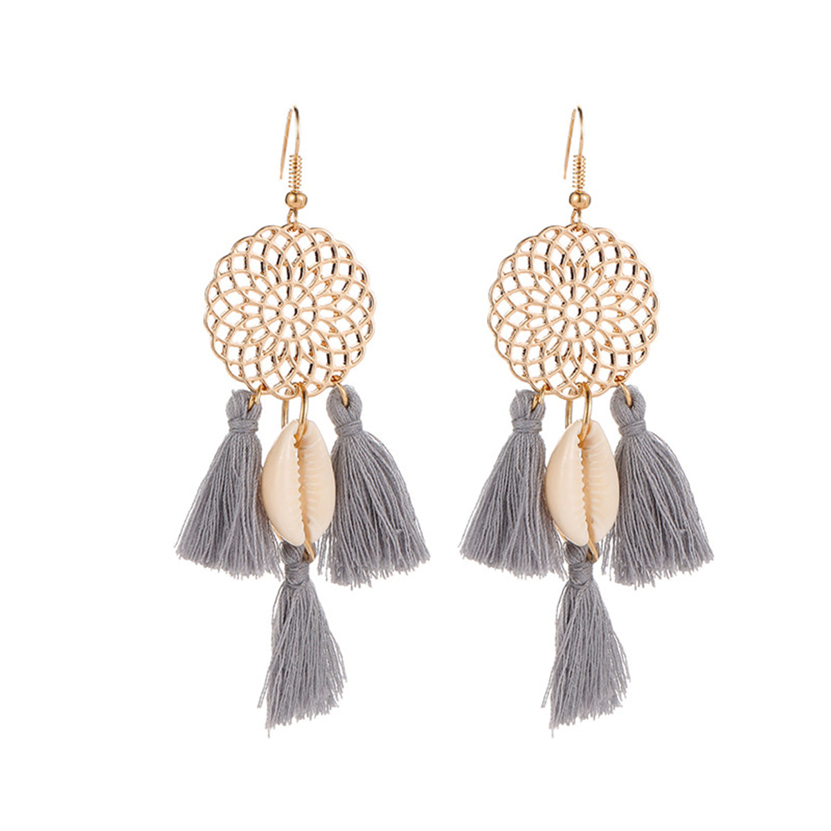 Gray Polyster & Shell 18K Gold-Plated Cowrie Tassel Openwork Drop Earrings