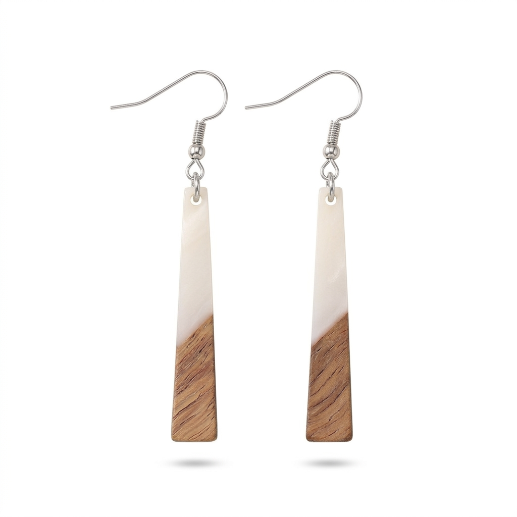 White Resin & Wood Silvertone Elongated Trapezoid Hook Earrings - Street Region