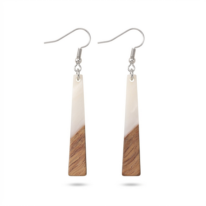 White Resin & Wood Silvertone Elongated Trapezoid Hook Earrings - Street Region