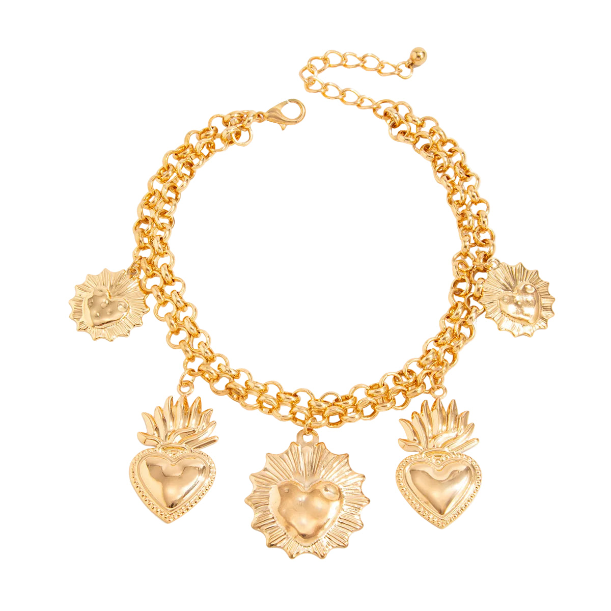 Goldtone Crown Heart Charm Layered Anklet, gold anklet bracelet, everyday style, front view