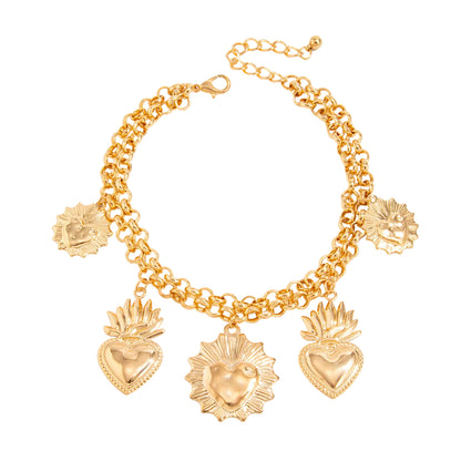 Goldtone Crown Heart Charm Layered Anklet, gold anklet bracelet, everyday style, front view