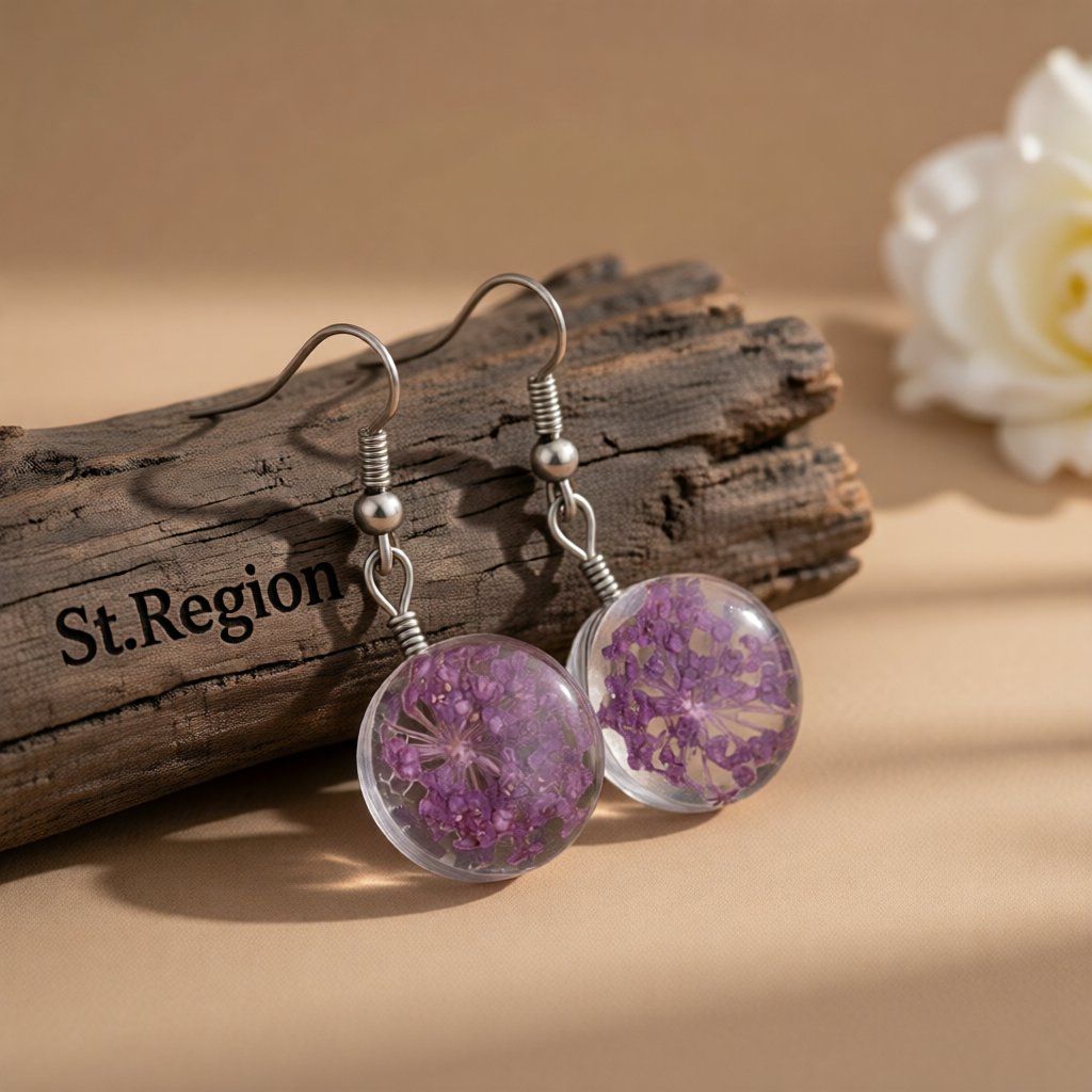 Purple Gypsophila and Silver-Plated Drop Earrings, silver drop earrings for women, botanical inspired, front view