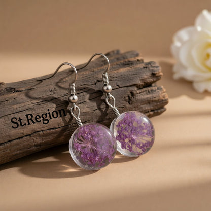 Purple Gypsophila and Silver-Plated Drop Earrings, silver drop earrings for women, botanical inspired, front view
